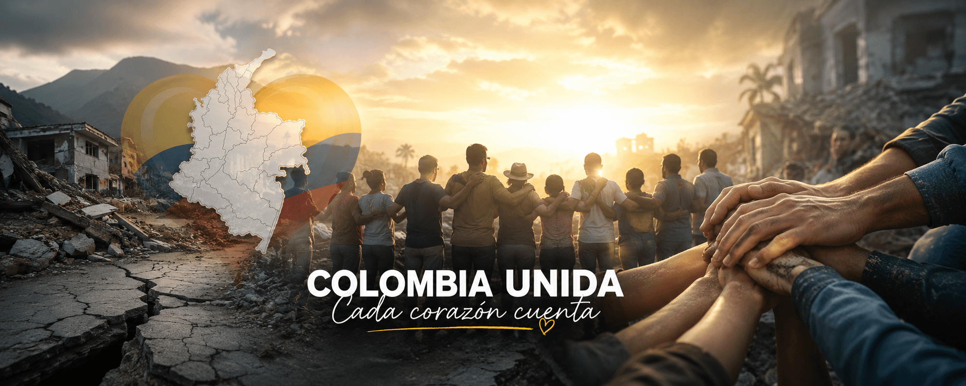 Personas abrazadas de espaldas frente al amanecer entre los escombros, con el mapa de Colombia sobre la bandera y el lema «Colombia Unida · Cada corazón cuenta».